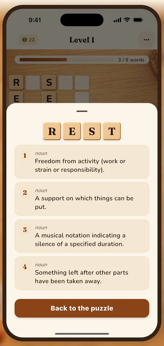 A word's meanings shown in the game